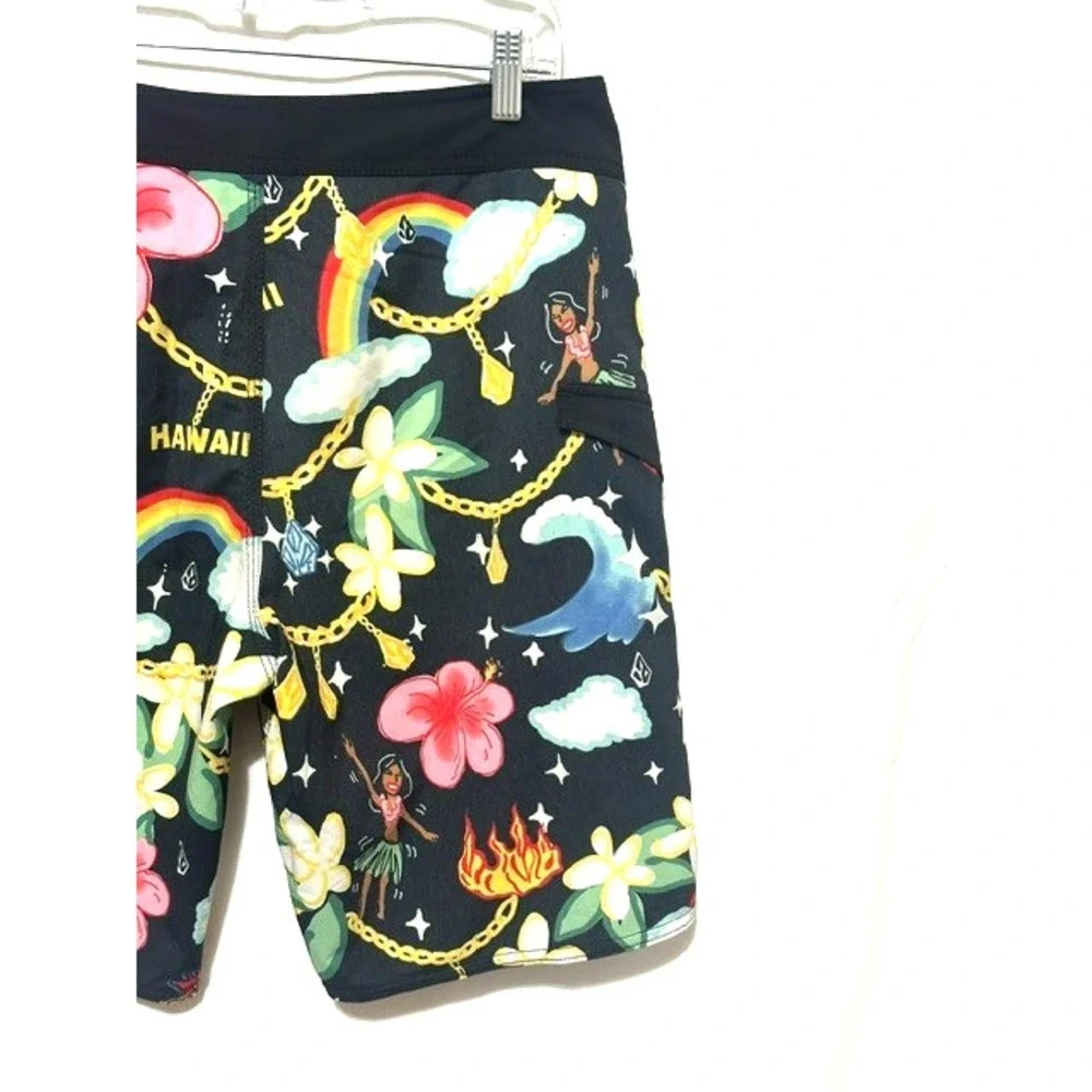 Volcom Men's Size 30 Black Multicolor Hawaiian Print Mod Tech Board Shorts